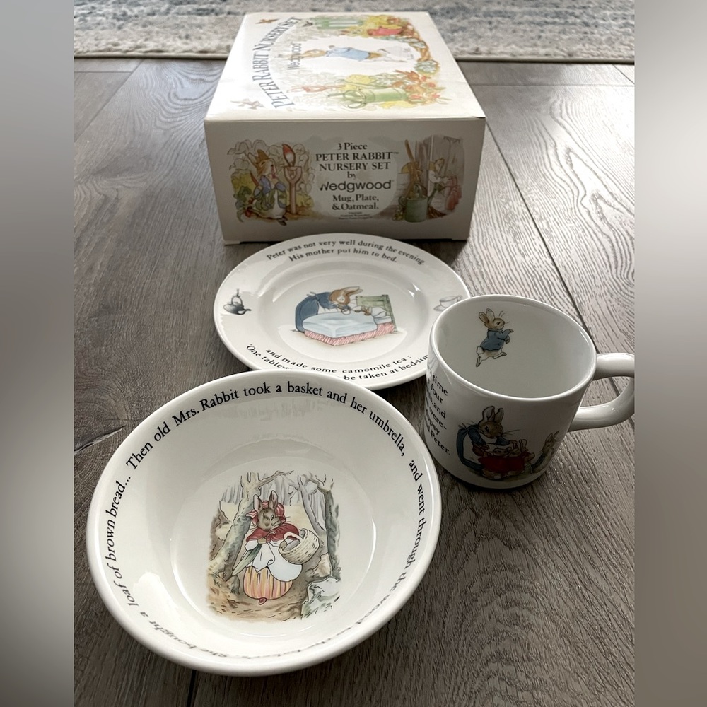 Vintage 1991 Wedgwood Beatrix Potter Designs Peter Rabbit 3pc Nursery Set